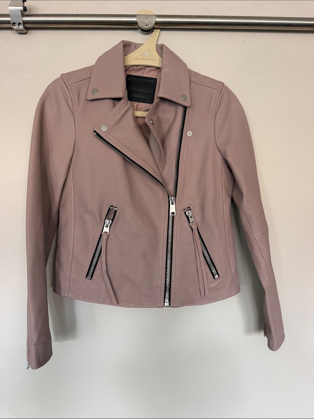 All Saints Mauve Dalby Leather Moto Jacket with Silver Hardware